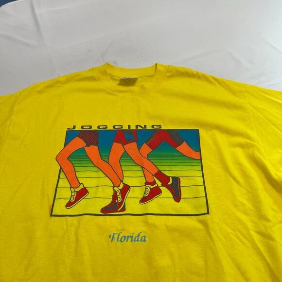 Jogging Florida Vintage Bright Yellow Single Stitch T-Shirt Size XL - Picture 1 of 8